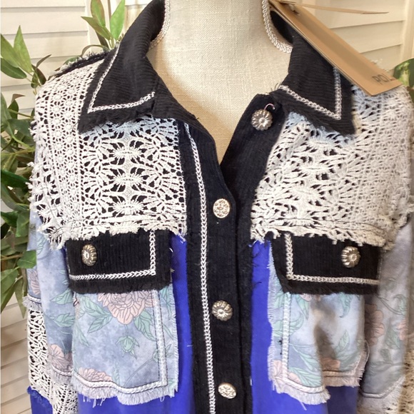 POL Blue and Black Lace Button Down Shirt - Picture 2 of 8